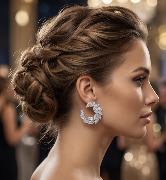 Veronica - Precious 14.5 carat White Topaz rhodium over .925 Sterling Silver Statement earrings - Side view of Veronica earrings worn at an elegant event.