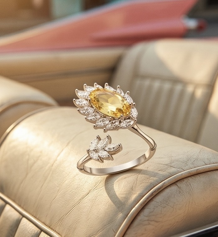 Vivien Luxurious Style - Natural 7.2 carat yellow Sapphire .925 Sterling Silver dipped in Rhodium handmade ring size 8 1/2 - Yellow sapphire ring on vintage car seat, showcasing stone close-up.
