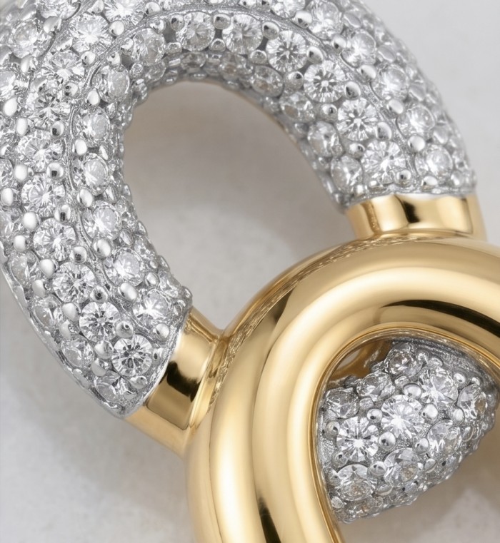 TIFFANY - LUXURIUS - Natural pave White Topaz 14K Gold over .925 Sterling Silver handmade earrings - Close-up of pave white topaz and 14K gold jewelry detail.
