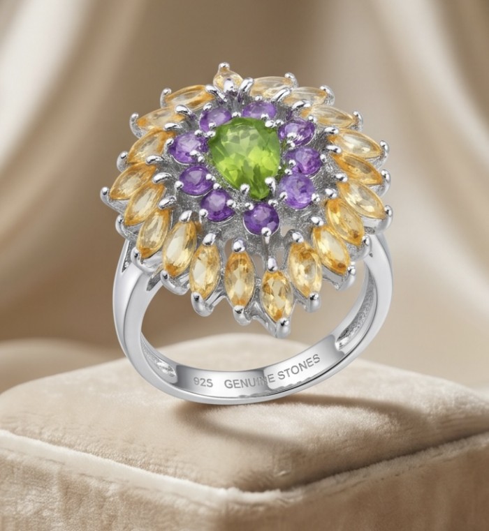 Wise Bliss Authentic 3.2 carat Peridot from Arizona .925 Sterling Silver handmade Ring s. 6 - Side view of Wise Bliss ring with peridot and colorful gemstones