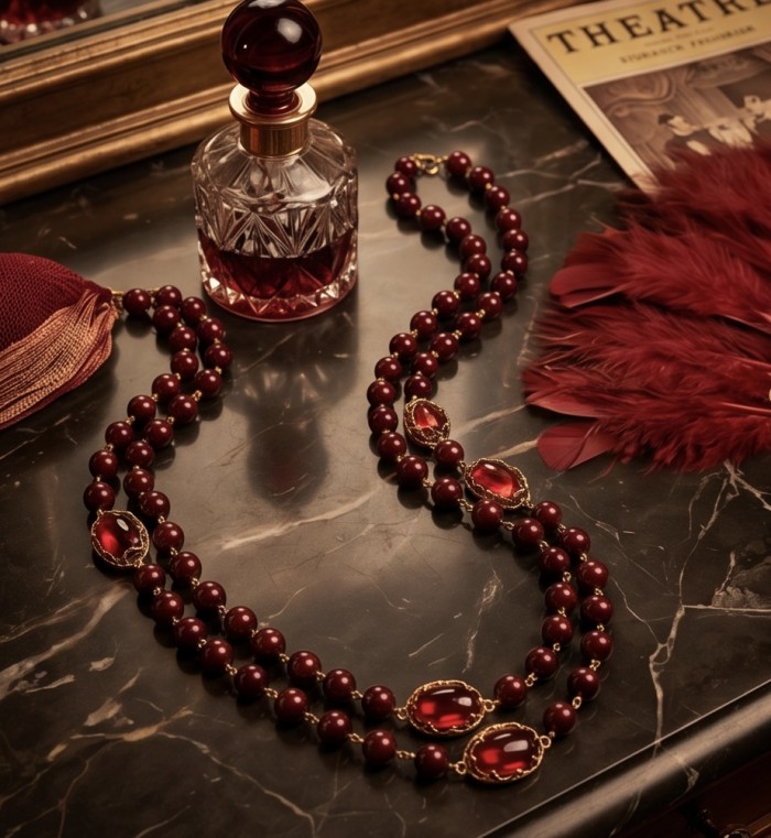 Incredible 48 inches long Red Topaz 10K Gold over .925 Sterling Silver handmade Necklace - Elegant red topaz necklace on marble, perfume bottle beside.