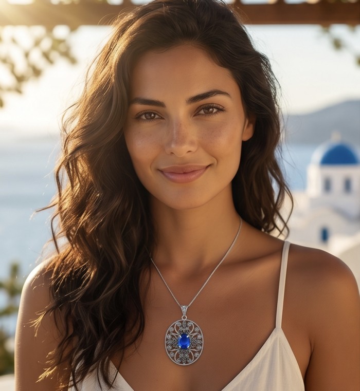 Pacifica fancy oval cut 8.5 carat London Blue Topaz .925 Sterling Silver handmade Pendant - Woman wearing Pacifica blue topaz necklace, front view in outdoor setting.