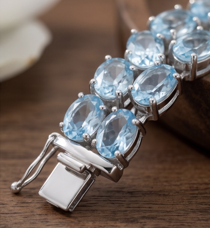Serenity 88.9 carat genuine Swiss Blue Topaz .925 Sterling Silver handmade Large Statement Bracelet - Close-up of Serenity Blue Topaz bracelet clasp detail.