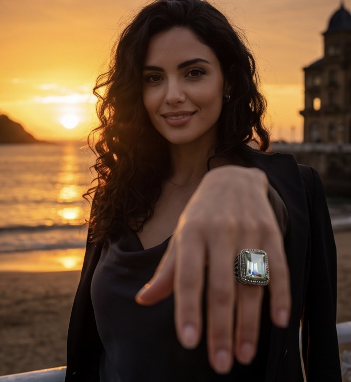 Big Dreamer Massive 25.8 carat Mystic Topaz .925 Sterling Silver handcrafted Large ring size 8 - Woman wearing Big Dreamer 25.8ct Mystic Topaz ring at sunset.