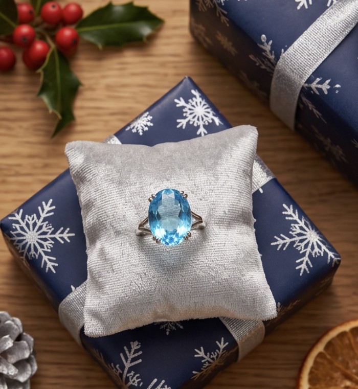 Aqua 18.5 carat Swiss Blue Topaz rhodium over .925 Sterling Silver handcrafted ring size 7 1/4 - Swiss Blue Topaz ring on cushion, top view, with holiday decor background