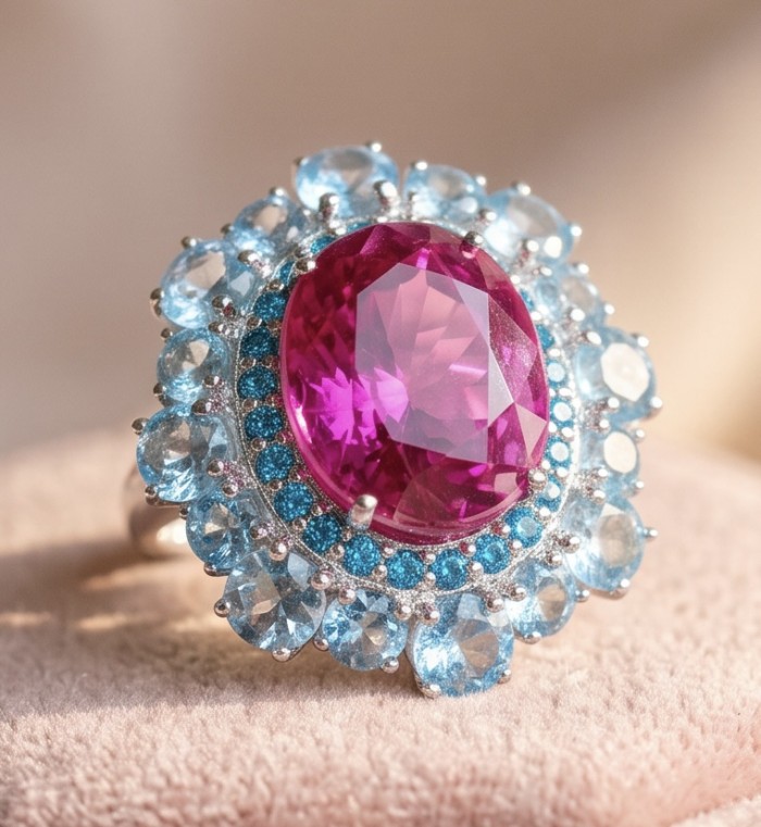 Anastasia 28.2 carat Pink Sapphire .925 Sterling Silver dipped in Rhodium Handcrafted Statement Ring size 8 - Close-up of Anastasia pink sapphire ring with blue gemstone halo.