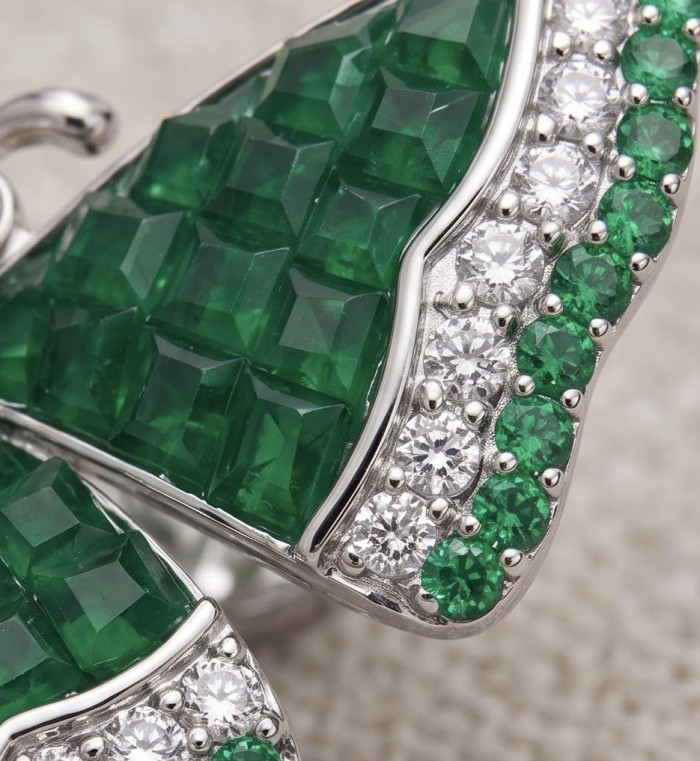 Incredible green Butterflies genuine mystery setting 11.5 CARAT Emerald .925 Sterling Silver handcrafted Earrings - Close-up of green butterfly jewelry with emerald and diamond stones