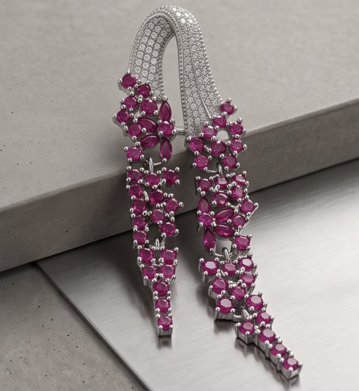 Carolyn 6.5 carat Mozambique Ruby rhodium over .925 Sterling Silver handcrafted pendant - Elegant ruby earrings close-up on concrete and metal background.