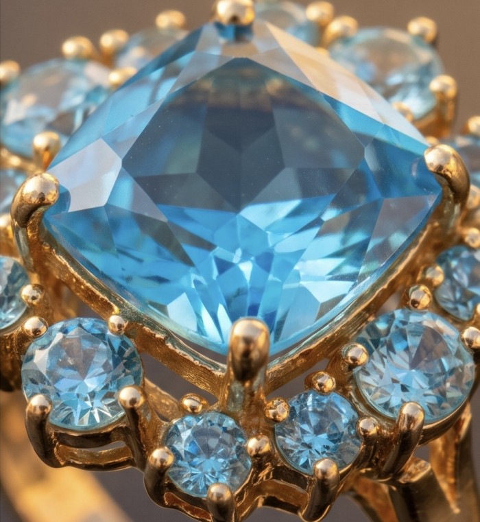 Nirvana Natural Fancy baquette cut 23.8 carat Swiss Blue Topaz .925 Sterling Silver dipped in 22K Gold handmade Statement Ring size 8 - Close-up of Swiss Blue Topaz ring with gold setting and multiple stones