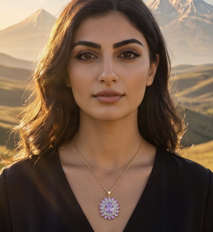 Serenity 28.8 carat Precious Amethyst .925 Sterling Silver dipped in 18K Gold handcarfted Pendant - Woman wearing Serenity Amethyst necklace in scenic outdoor setting