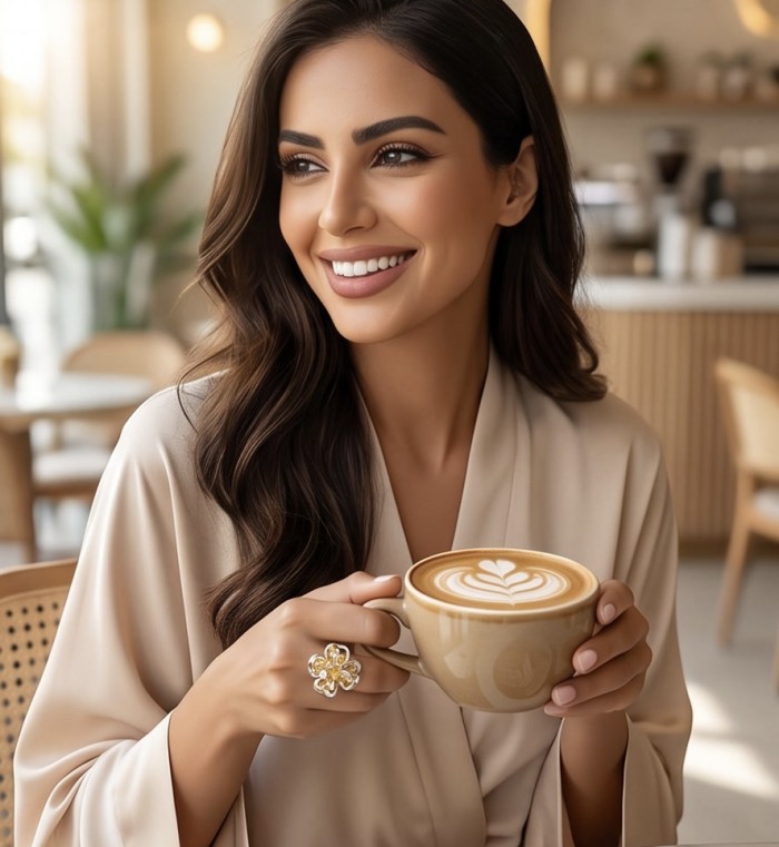GOLDEN ROSE - Dubai Style - .925 Sterling Silver dipped in 22K Gold handmade Large ring size 6 1/4 - Woman wearing GOLDEN ROSE ring, holding a coffee cup