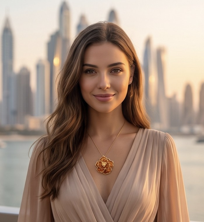 Golden Rose Natural Baltic Polish Amber .925 Sterling Silver dipped in 22K Gold handcrafted Pendant - Golden Rose Baltic Amber necklace worn, city skyline in background.