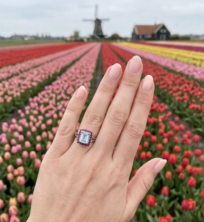 Atlantica 5.8 carat Swiss Blue Topaz .925 Sterling Silver dipped in rhodium handcrafted ring size 9 - Swiss Blue Topaz ring worn on hand in tulip field background.