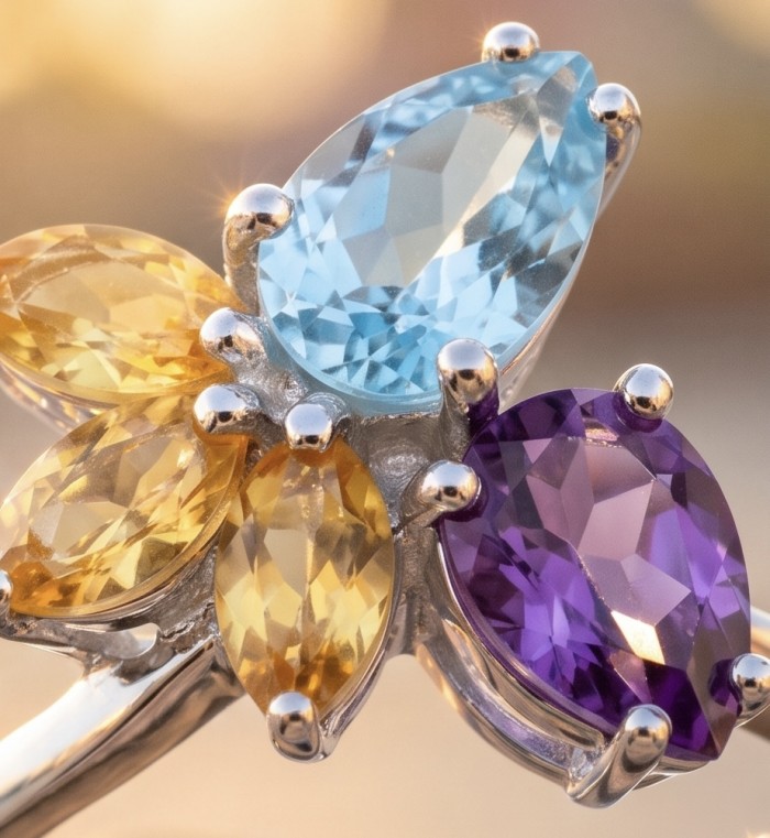 Pacifica 7.8 carat Swiss Blue Topaz .925 Sterling Silver handcrafted ring size 9 - Close-up of Pacifica blue topaz and amethyst gemstone ring in sterling silver.