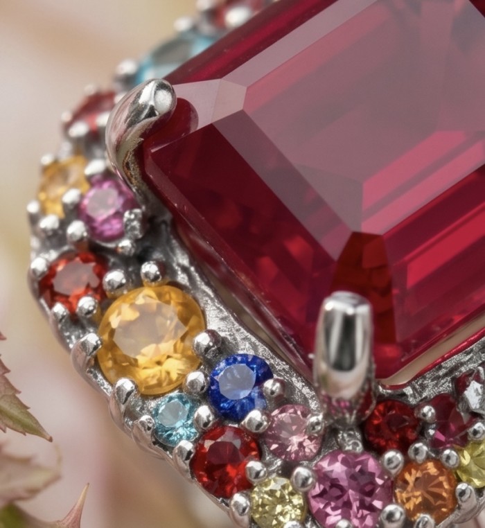 Rose Garden Natural 12.8 carat Ruby multicolor Sapphire .925 Sterling Silver dipped rhodium handmade Statement Ring size 7 1/4 - Close-up of Rose Garden Ruby and multicolor Sapphire ring detail