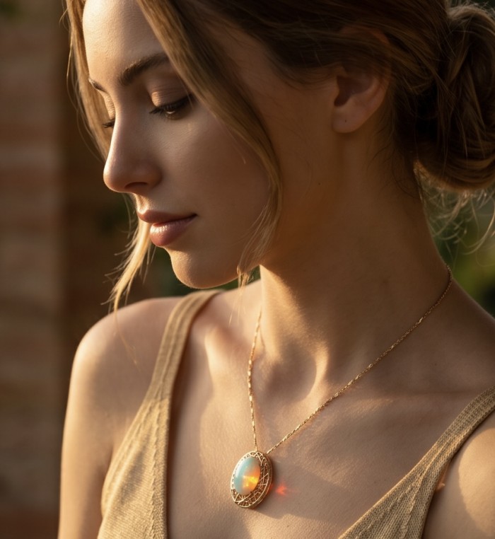 Earth Treasure Authentic 12.8 carat Golden Ethiopian Opal 22K Gold over .925 Sterling Silver handcrafted Statament Necklace - Side view of woman wearing a 12.8 carat Golden Ethiopian Opal necklace.