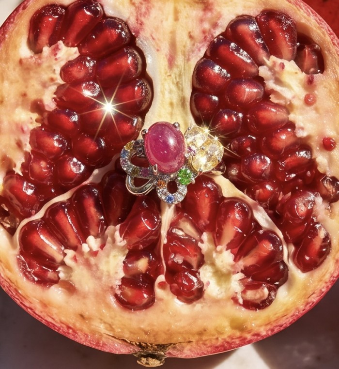 My Sweet Heart Natural 4.8 carat Mozambique Ruby .925 Sterling Silver Handcrafted Cocktail Ring s. 9 - Ruby ring with multi-gem design on pomegranate background, top view.