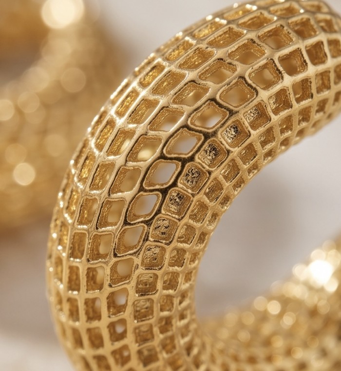 Dubai Style - Golden fancy Drops .925 Sterling Silver dipped in 22K Gold handmade Earrings - Close-up of textured golden drop earrings detail.