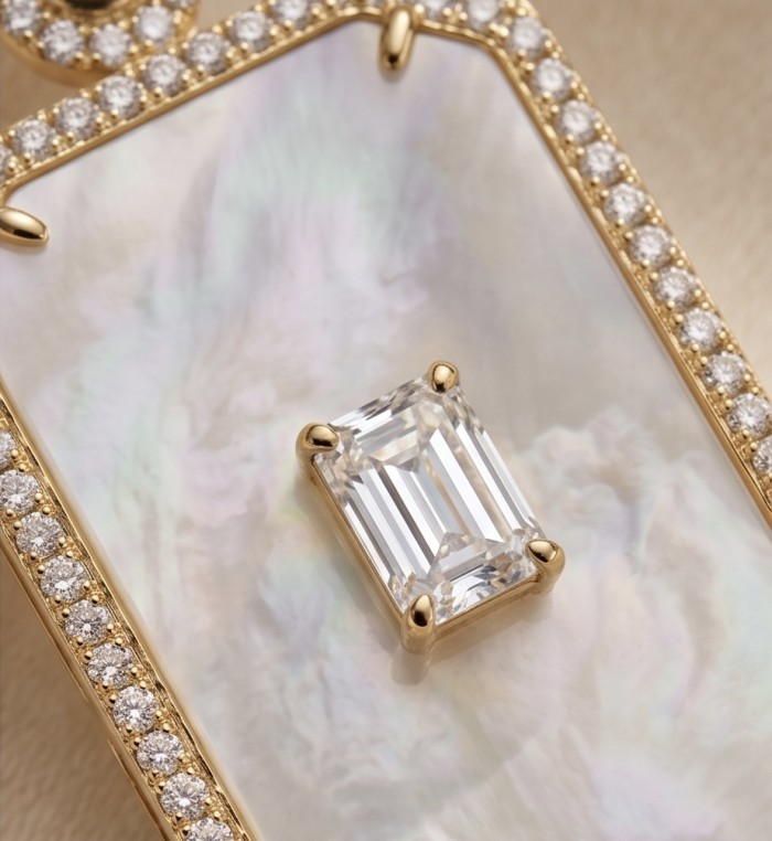 Genuine Blister Pearl lab grown Diamond 18K Gold over .925 Sterling Silver handcrafted Large Statement Earrings - Close-up of diamond and pearl pendant in gold setting.