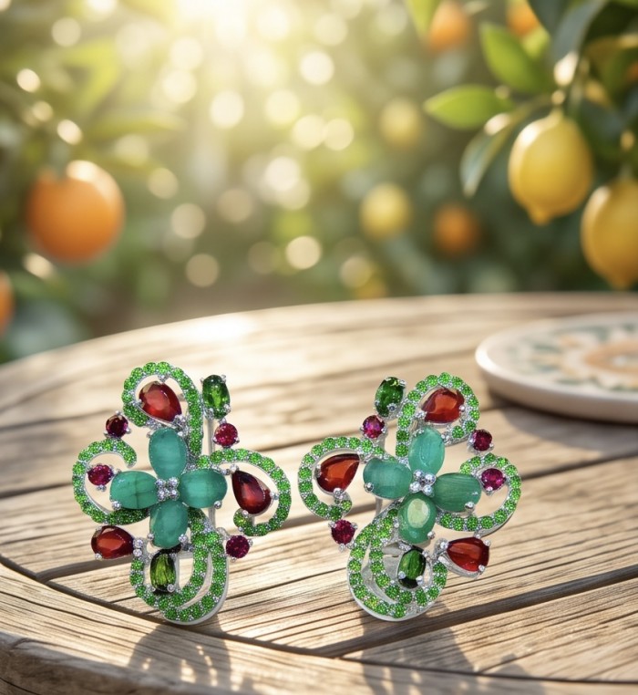 Valentina 12.2 carat Colombian Emerald .925 Sterling Silver dipped in rhodium Statement handcrafted earrings - Emerald and gemstone earrings on table; outdoor setting, sunny background.