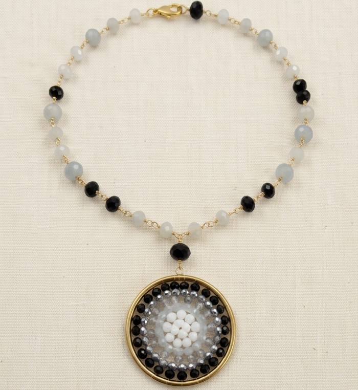Magnificent Moonlight Crystal Onyx 14K Gold over .925 Sterling Silver handmade Necklace - Necklace front view with crystal onyx and gold pendant detail