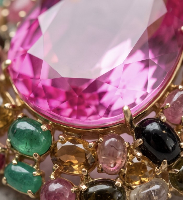 An exuberantly Large 69.8 grams Vintage style Pink Sapphire 44.2 Brazilian Tourmaline .925 Sterling Silver handmade LARGE Pendant - Brooch - Stone close-up of vintage-style pink sapphire with surrounding gems