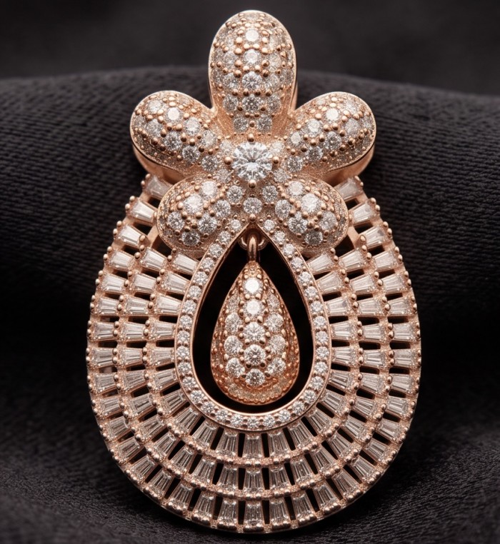 Giovanna - Authentic 5.8 carat White Topaz .925 Sterling Silver dipped in 18K Rose Gold handcrafted pendant - Close-up of Giovanna white topaz pendant on black fabric background.