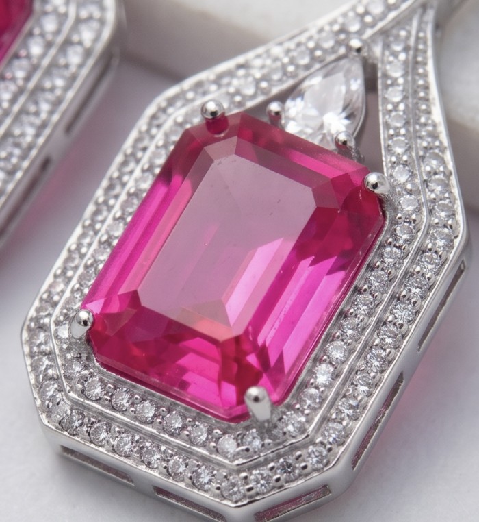 Incredible 10.5 carat Pink Topaz .925 Sterling Silver entirely handmade earrings - Close-up of 10.5 carat pink topaz in .925 sterling silver setting.