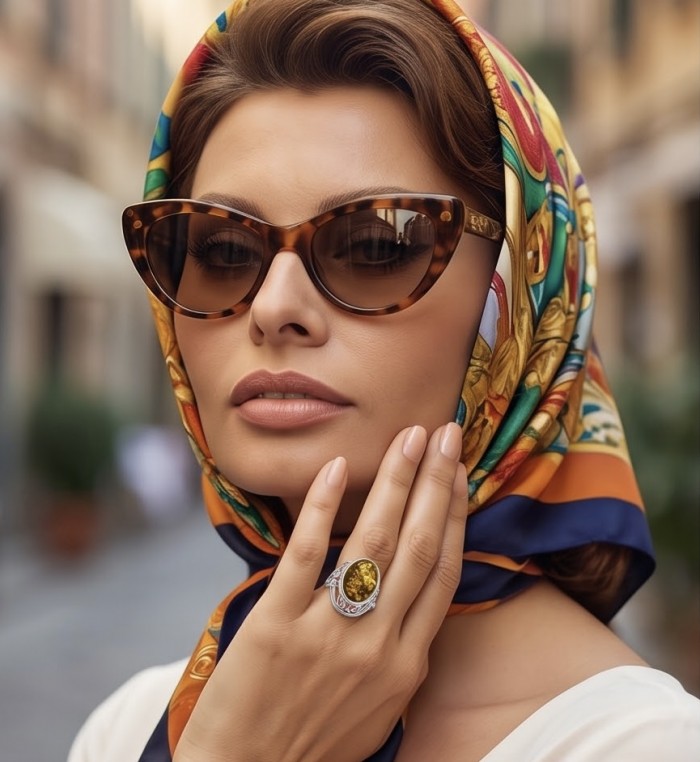 Serenity Natural Green Baltic Amber .925 Sterling Silver handmade Large Statement Ring size 9 - Worn on hand with colorful scarf and sunglasses, detailed ring view.