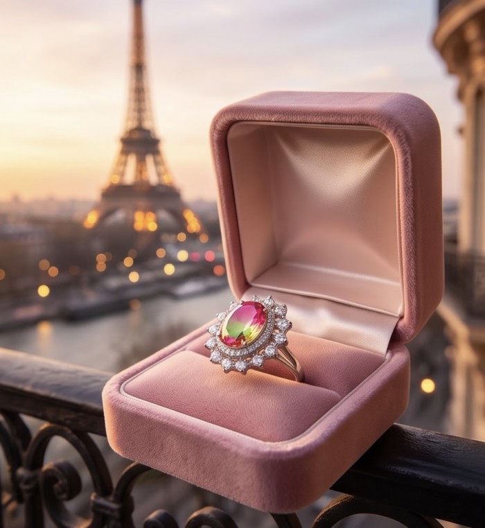 12.8 carat Brazilian Tourmaline .925 Sterling Silver dipped in rhodium Perfectly handcrafted Ring s. 8 - Tourmaline ring in pink box with Eiffel Tower background