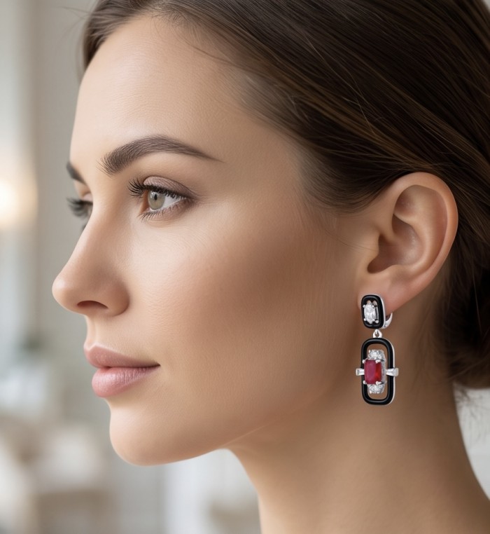 Art Deco - 4.5 carat Ruby enamel .925 Sterling Silver handcrafted incredible earrings - Side view of Art Deco 4.5 carat Ruby enamel earrings on a model.