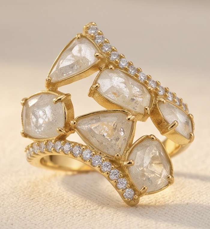Blue Cascade 7.5 carat Rainbow Moonstone 18K Gold over .925 Sterling Silver handmade ring s. 7 - Gold ring with rainbow moonstones, side view showcasing stones and band.