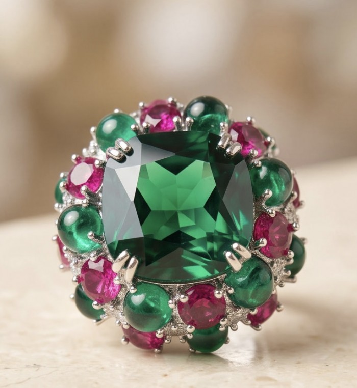 Iconic design - Natural 41.5 carat carved Emerald Ruby Sapphire rhodium over .925 Sterling Silver handcrafted ring size 7 1/4 - Close-up of iconic design with emerald and ruby gemstones in silver setting.