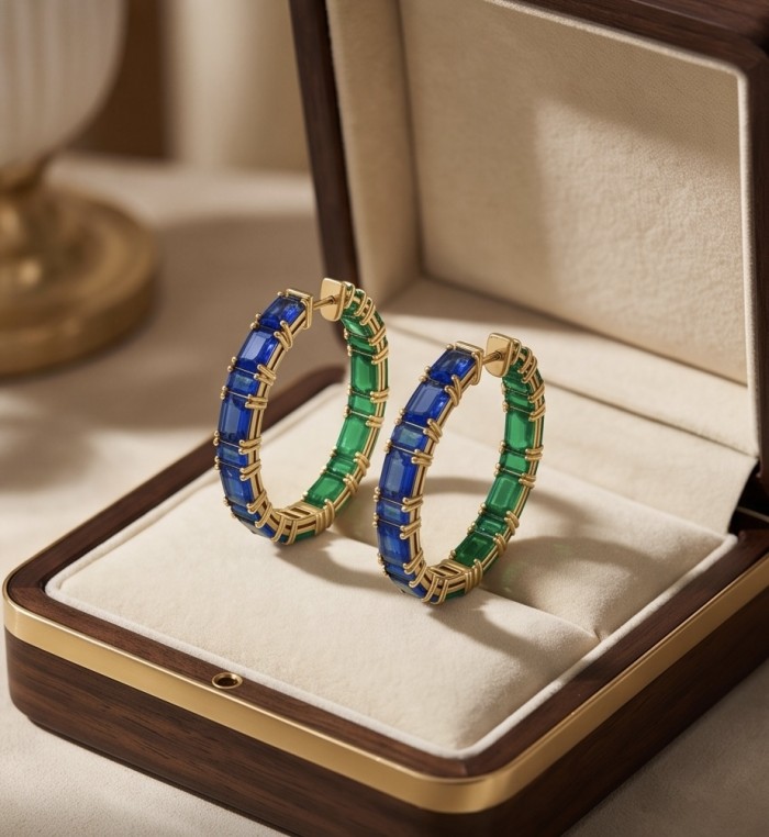 Luxurious 9.5 carat Emerald Sapphire 22K Gold over .925 Sterling Silver handcrafted inside - out earrings - Emerald sapphire hoop earrings in box, front angle view