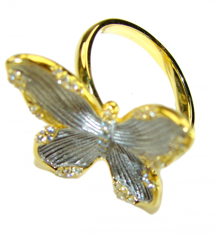 Golden Butterfly White Topaz highly polished 18K Gold over .925 Sterling Silver Italy made ring s. 8 - Gold butterfly ring with white topaz, angled front view.