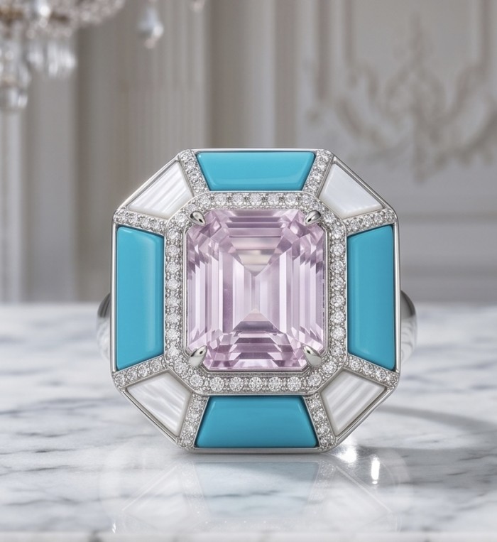Emily - Art Deco -Precious genuine 10.2 carat Kunzite inlay Turquoise .925 Sterling Silver handcrafte Cocktail Ring s. 7 1/4 - Close-up of Art Deco ring with Kunzite and turquoise inlay.