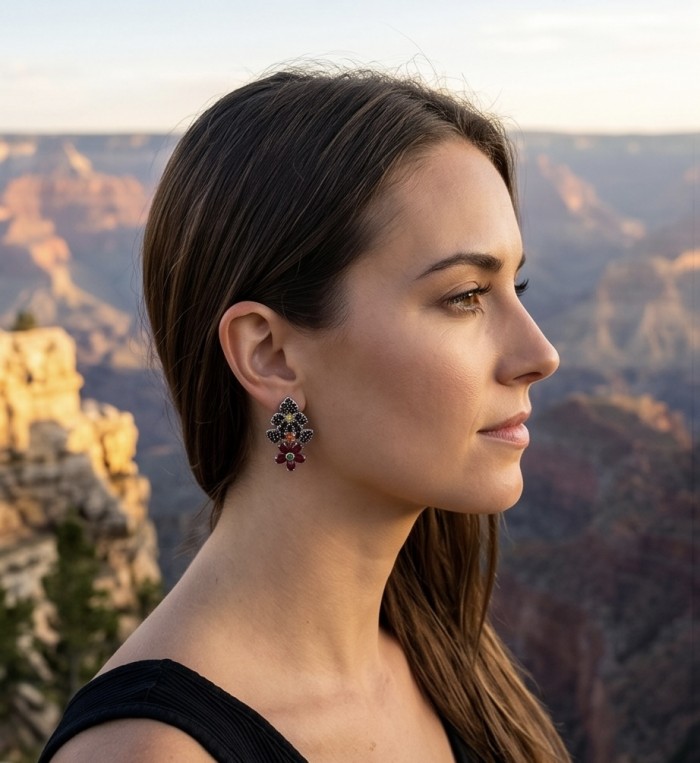 Rosalie 12.4 ctw Ruby .925 Sterling Silver dipped in rhodium handcrafted Statement earrings - Side view of Rosalie Ruby earrings worn by a woman, scenic background.