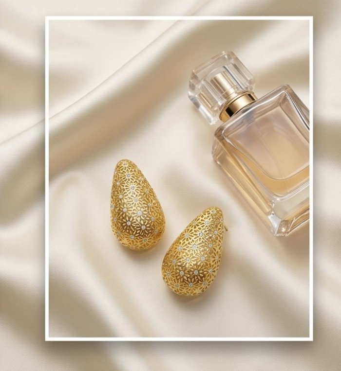 Dubai Style - Golden fancy Drops .925 Sterling Silver dipped in 22K Gold handmade Earrings - Golden fancy drops with bottle, top view, on satin background.