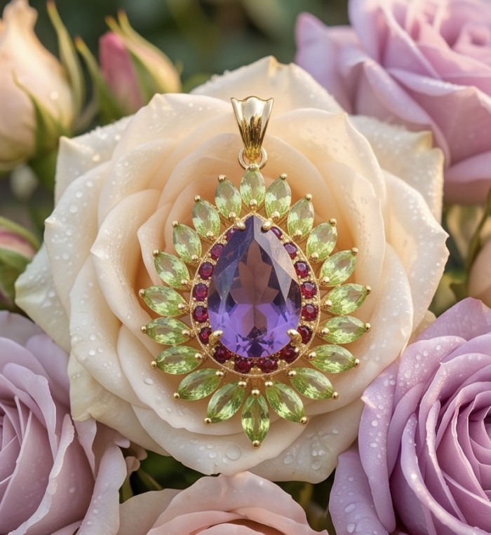 Mademoiselle - 22.7 carat Amethyst Brazilian Peridot 18K Gold over .925 Sterling Silver handcrafted Pendant - Amethyst pendant close-up on dewy roses, showcasing detailed gemstone setting.