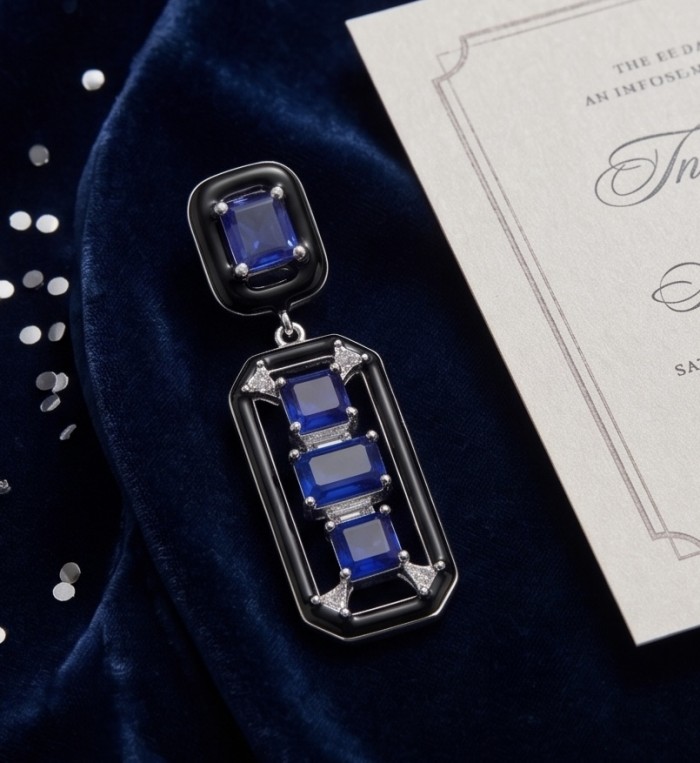 8.5 carat Art Deco Sapphire black enamel .925 Sterling Silver handcrafted Pendant - Close-up of Art Deco Sapphire Pendant on blue velvet background