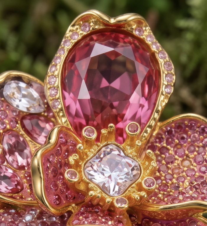Cherry Blossom 37.5 carat Pink Topaz 14K Gold over .925 Silver handcrafted Cocktail Ring s. 8 - Close-up of pink topaz flower jewelry in 14K gold over .925 silver.