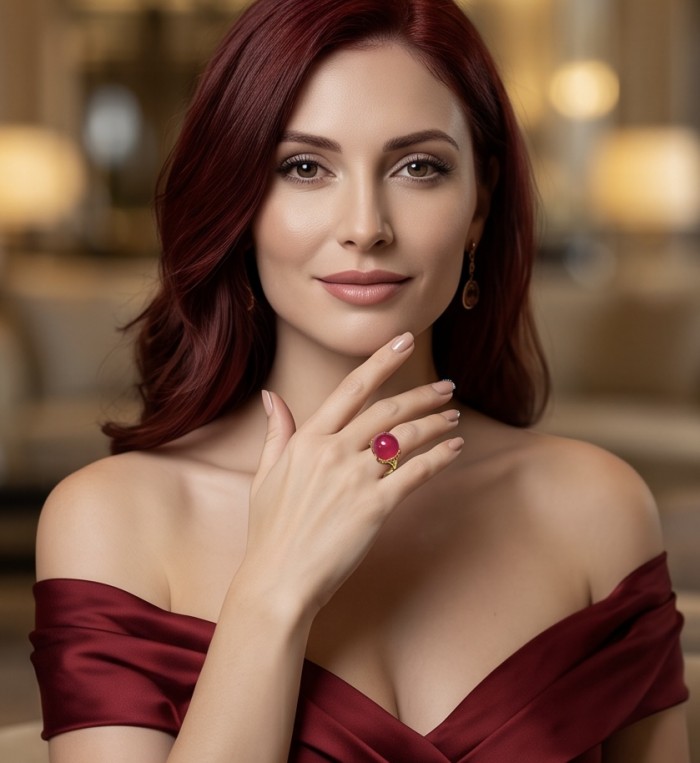 Giovanna 9.7 carat Kashmir Ruby .925 Sterling Silver dipped in 22K Gold handmade Statement Ring size 6 1/4 - Woman wearing Giovanna 9.7 carat Kashmir Ruby ring, front view.