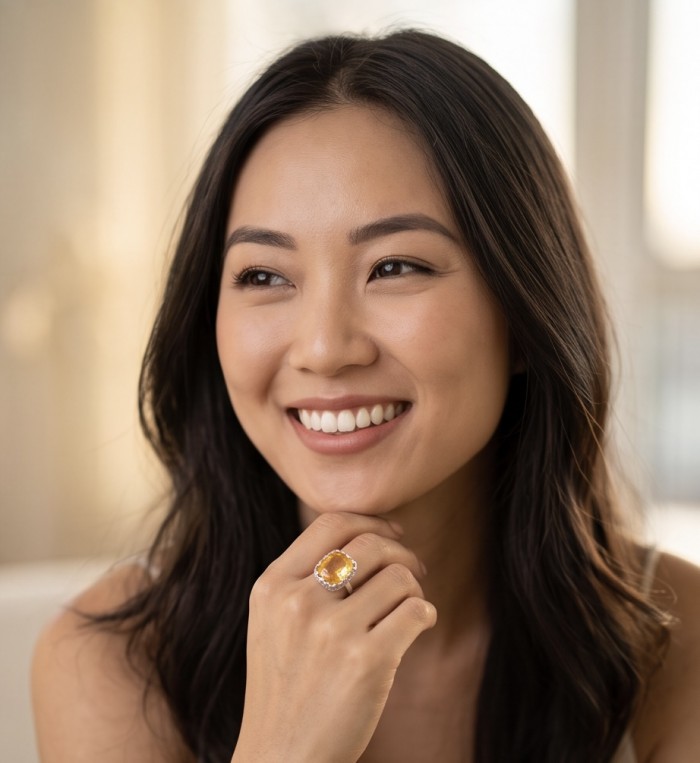 Vivien - Natural 22. 2 carat Citrine .925 Sterling Silver dipped rhodium handcrafted Statement ring; s. 8 - Worn on hand featuring Vivien 22.2ct Citrine in .925 Sterling Silver ring.