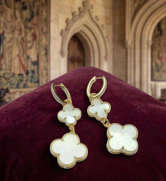 Four leaf clover Genuine Blister Pearl lab grown Diamond 18K Gold over .925 Sterling Silver handcrafted Earrings - Earrings on velvet backdrop; four-leaf clover design close-up view.