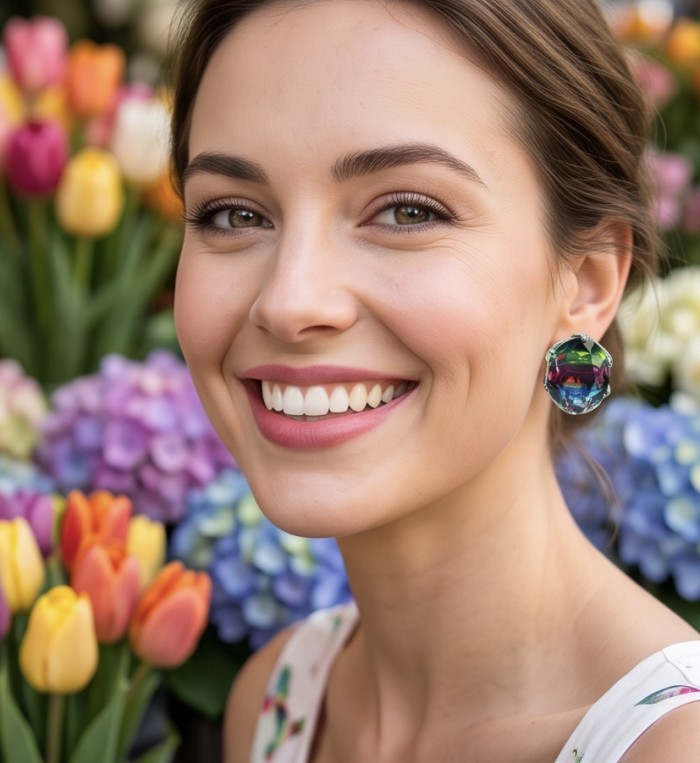 Luxurious authentic 11.2 carat Brazilian Tourmaline .925 Sterling Silver handcrafted earrings - Woman wearing 11.2 carat Brazilian Tourmaline earrings, front view.
