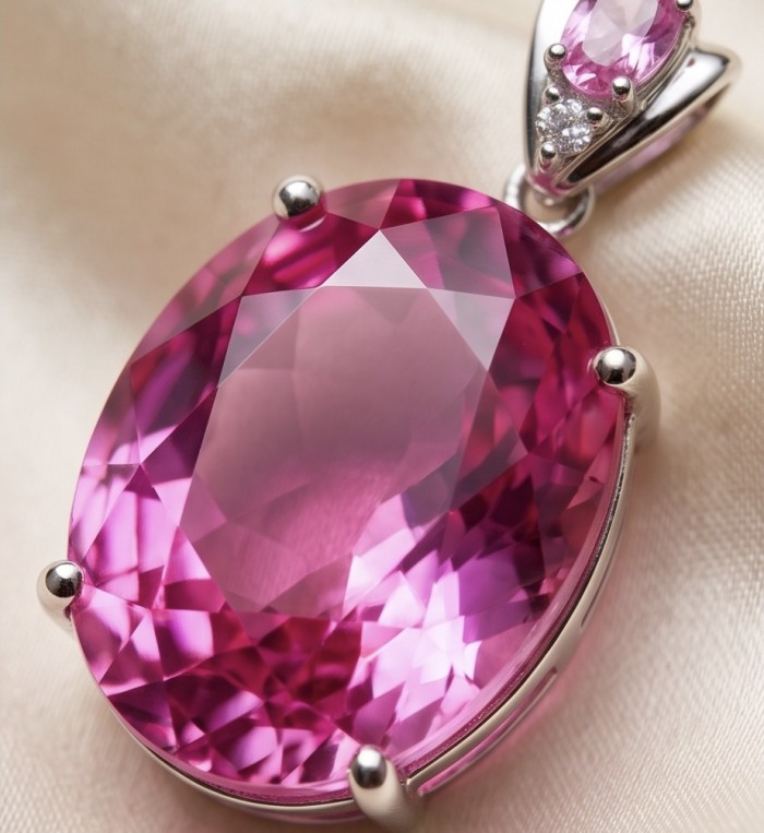 Incredible oval cut 27.8 carat Bubblegum Pink Sapphire .925 Sterling Silver handcrafted pendant - Close-up of oval cut 27.8 carat bubblegum pink sapphire pendant