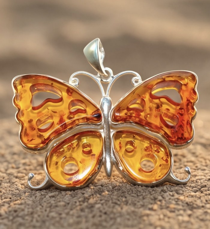 Golden Authentic carved Baltic Amber .925 Sterling Silver handcrafted pendant - Butterfly pendant in amber and silver, close-up on textured surface.