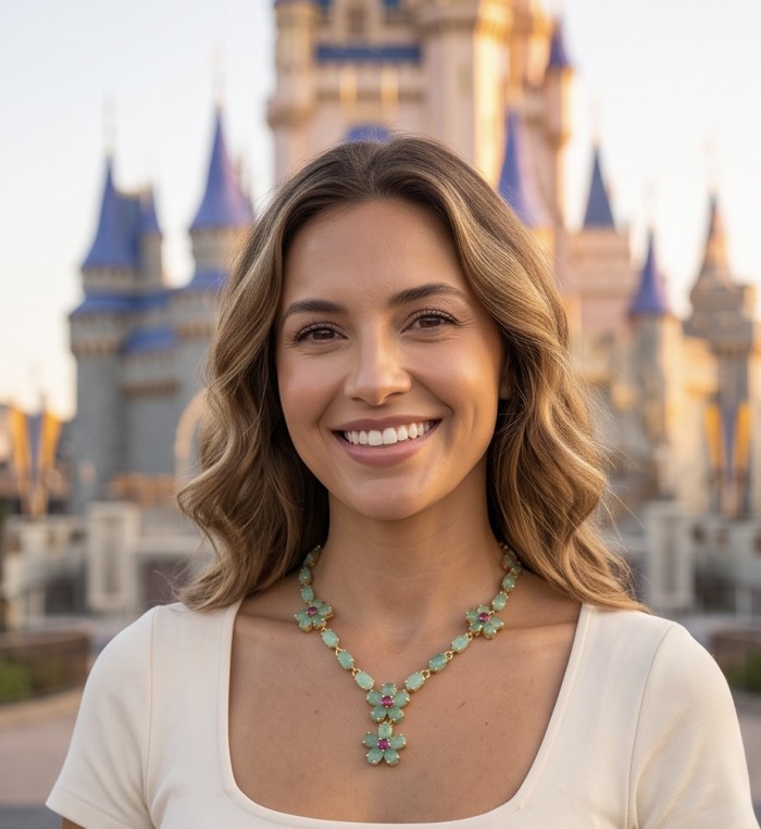 Victoria - 58.4 carat Colombian Emerald 18K Gold over .925 Sterling Silver handmade Statement necklace - Woman wearing Victoria emerald necklace, castle blurred in background.