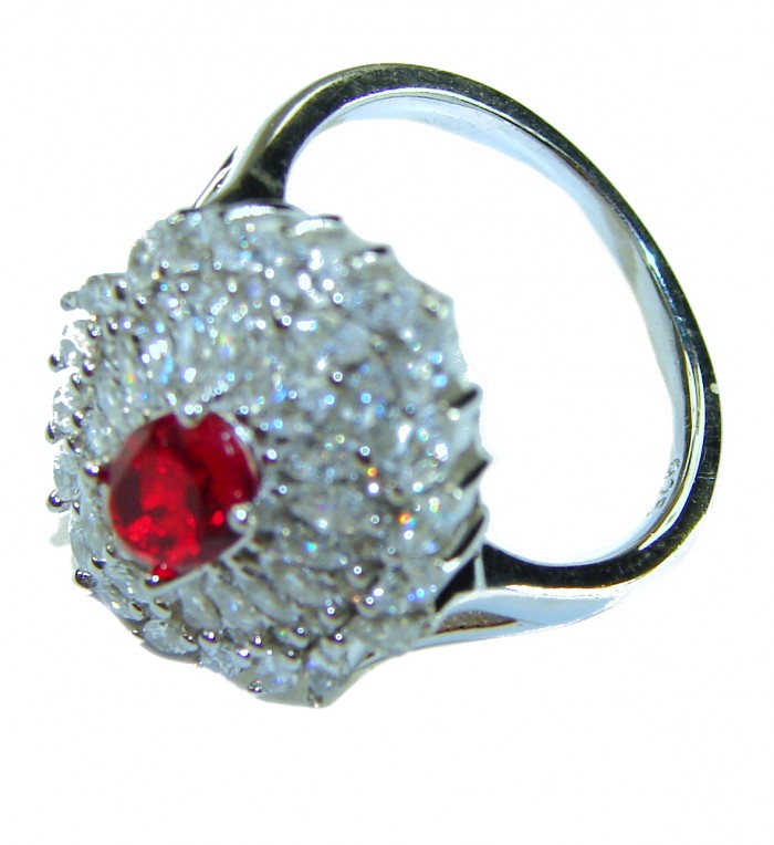 Precious Red Flower 6.5 carat Ruby .925 Sterling Silver handcrafted Cocktail Ring s. 8 - Side view of sterling silver ring with 6.5 carat ruby and diamonds.