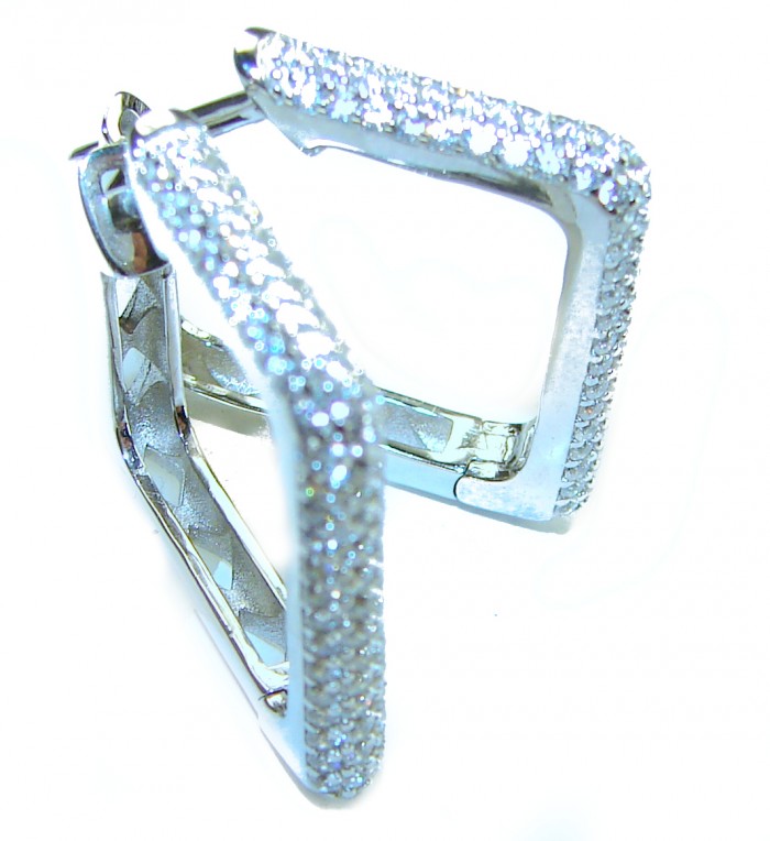 Allure Natural 8.2 carat White Topaz .925 Sterling Silver handcrafted hoop earrings - Side view of Allure White Topaz Sterling Silver earrings.